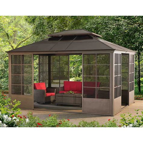 Sunjoy 12 ft. x 14 ft. Brown Steel Screenhouse with 2 